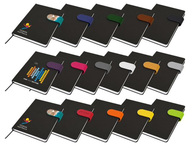 A collection of black A5 notebooks featuring various coloured bands and logos on the covers.