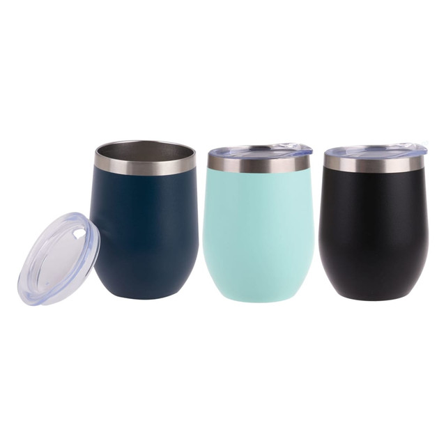 A drink bottle set featuring three vacuum wine tumblers in navy, mint green, and black with stainless steel lids.