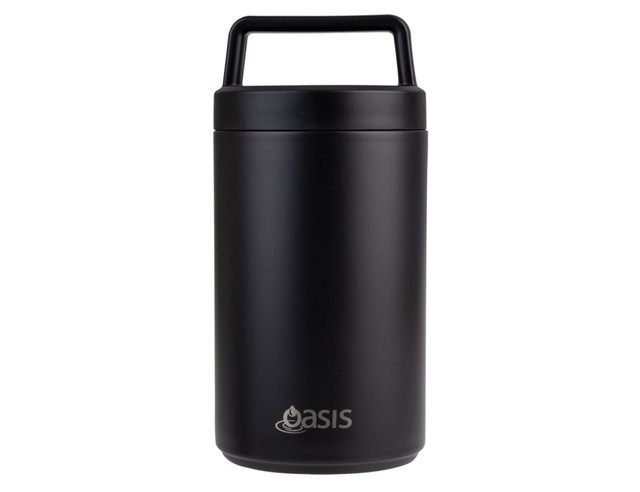 A drink bottle with a sleek black exterior, featuring a handle and an attached spoon. Branding is present.