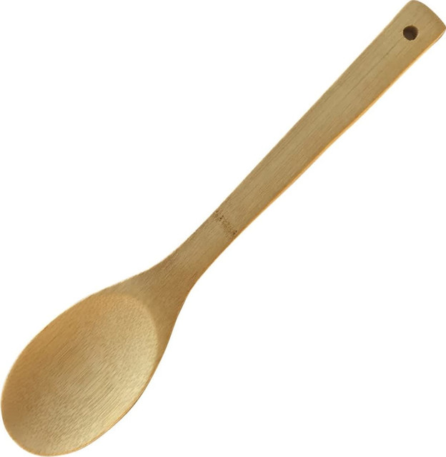 A bamboo spoon with a smooth, light brown finish and a hole for hanging. It features a simple, natural design. A bamboo spoon with a smooth, light brown finish and a hole for hanging. It features a simple, natural design.