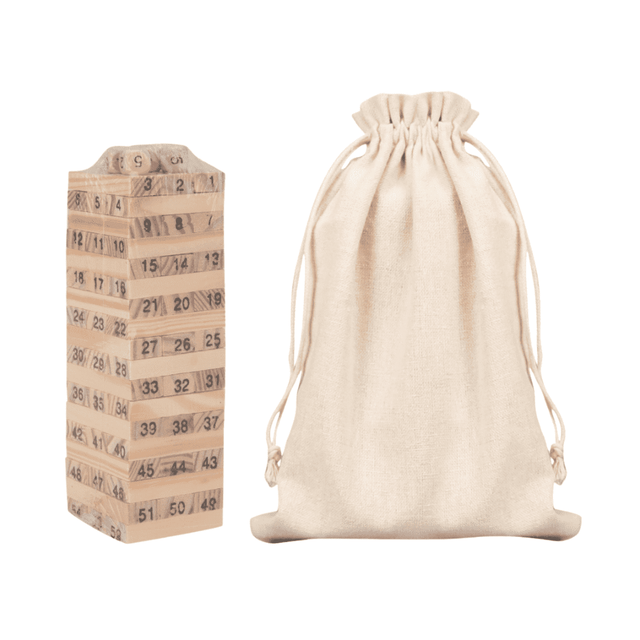 A wooden Genga block set in natural tones, accompanied by a beige drawstring bag. It features a logo.