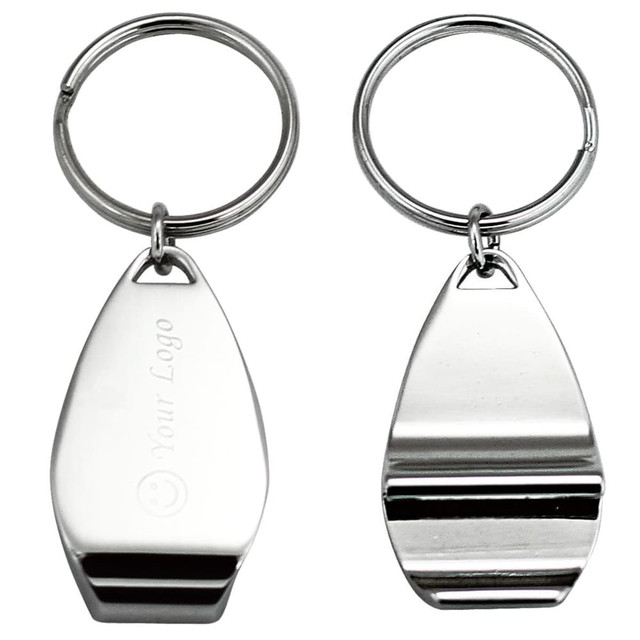 A keyring set featuring two sleek, silver metallic keychains with a logo on one side. A keyring set featuring two sleek, silver metallic keychains with a logo on one side.