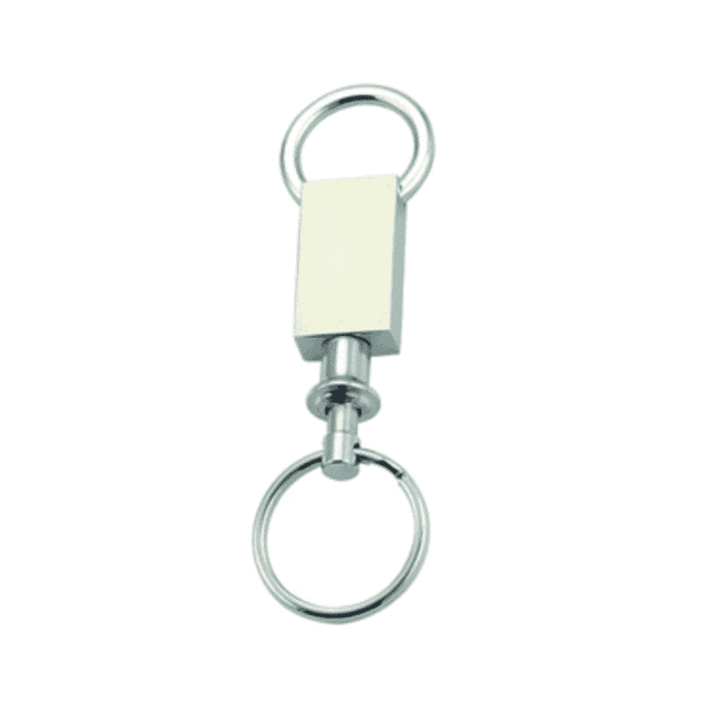 A keyring with a rectangular metal connector and two circular rings, featuring a shiny silver finish.