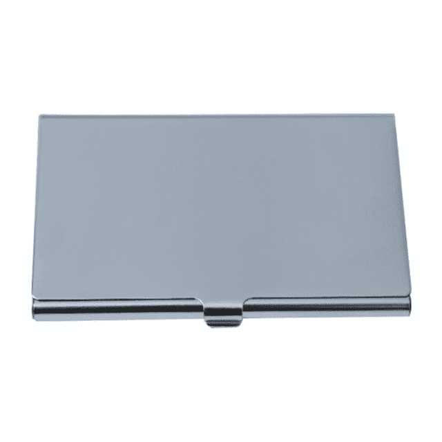 A silver business card holder with a sleek, reflective surface and a clip closure.