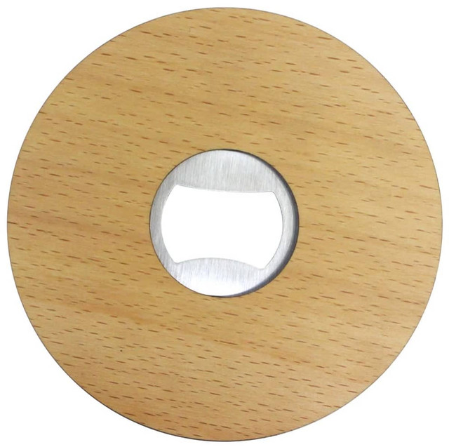A bottle opener made of beech wood with a circular shape and a metal opening for bottle caps.