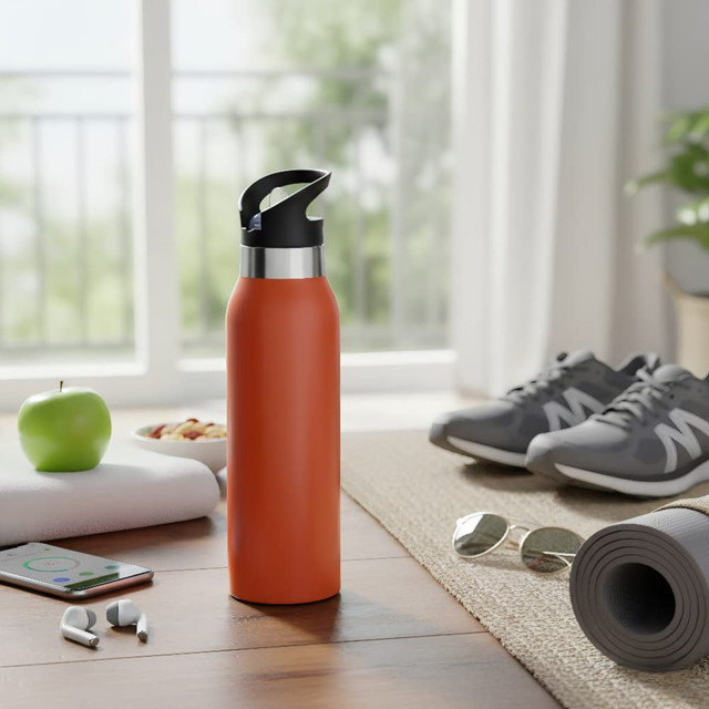 A drink bottle in a vibrant orange colour with a black lid, placed in a bright room beside workout gear.