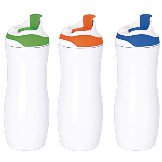 A drink bottle set featuring three bottles with white bodies and coloured lids in green, orange, and blue. Each has a logo.