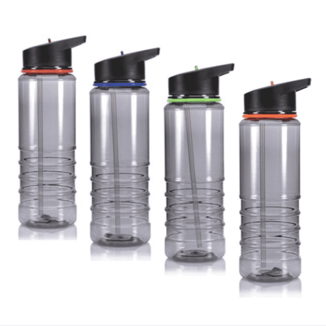 A drink bottle set featuring four clear bottles with black lids and coloured accents: red, blue, green, and orange.