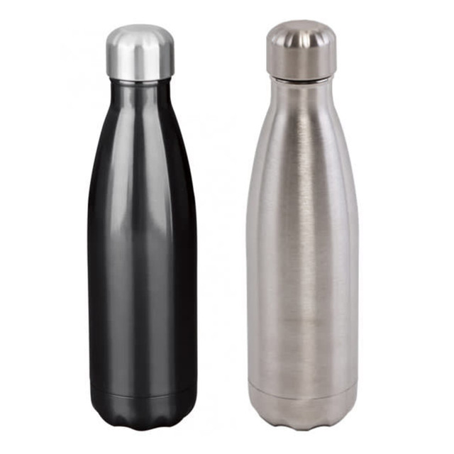 A drink bottle in black and stainless steel finishes, featuring a sleek design and a metallic lid.