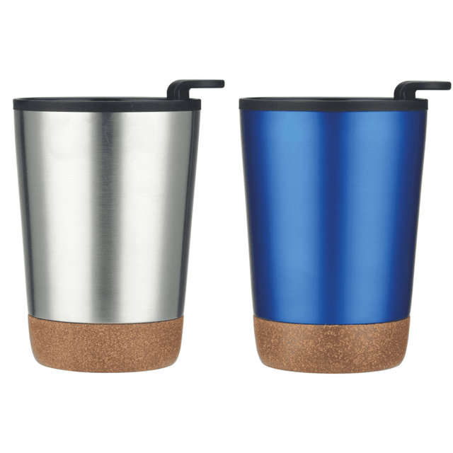 A set of two coffee mugs, one stainless steel and one blue, each with a cork base and a straw.