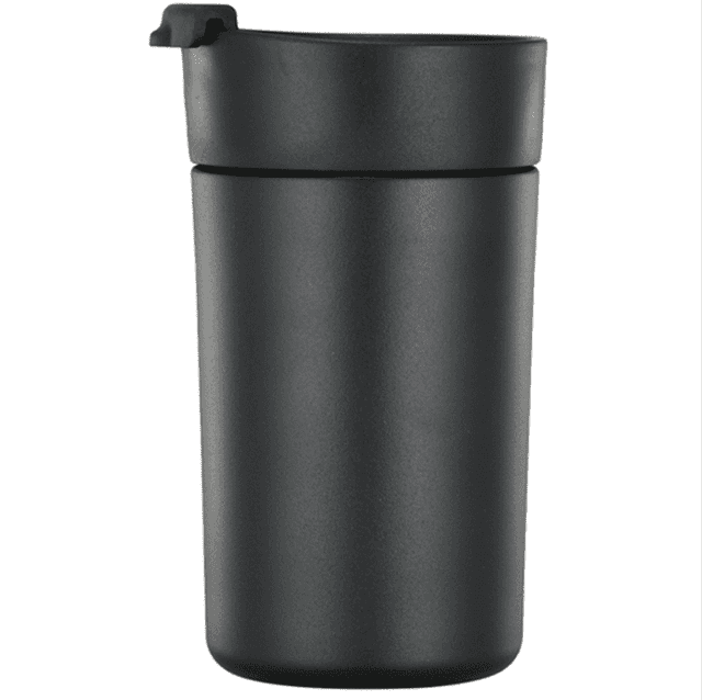 A drink bottle in matte black, featuring a lid and a sleek design with a logo.
