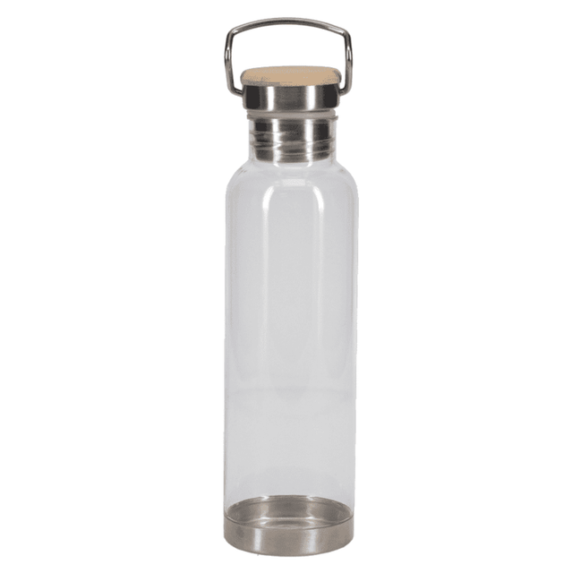 A drink bottle made of clear glass with a stainless steel base and a wooden cap. It features a metal handle.