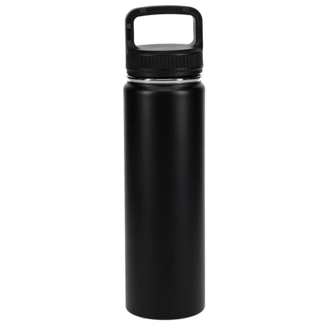 A drink bottle in matte black with a screw-top lid and a handle. It features a logo on the front.
