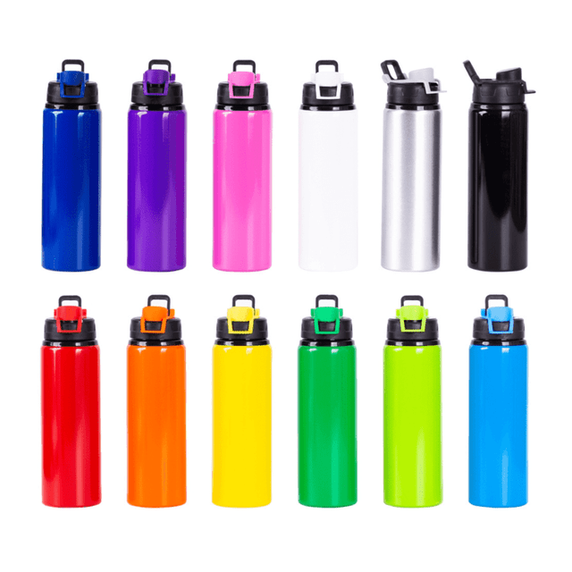 A drink bottle collection featuring vibrant colours: purple, pink, white, silver, black, red, yellow, green, and blue. Each has a logo.