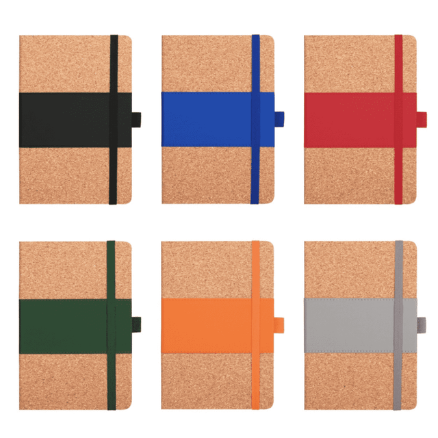 A set of six notebooks with cork covers and coloured elastic bands in black, blue, red, green, orange, and grey.