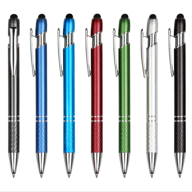 A collection of seven aluminium pens in blue, red, green, silver, black, and graphite, featuring a logo on each.