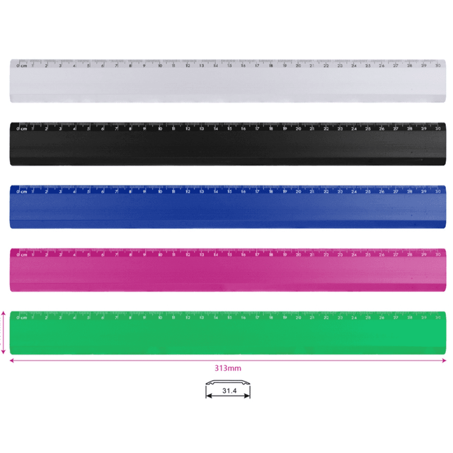 A selection of 30 cm aluminium rulers in white, black, blue, pink, and green, each featuring a measurement scale and branding. A selection of 30 cm aluminium rulers in white, black, blue, pink, and green, each featuring a measurement scale and branding.