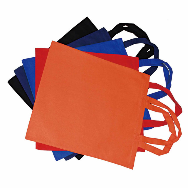 A collection of colourful reusable bags in orange, blue, black, and red with handles, stacked together.