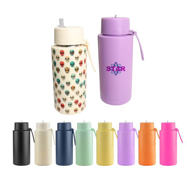 A drink bottle collection featuring various colours and designs, including patterned skulls and solid pastels, with a straw lid.