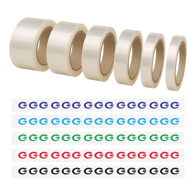 A collection of clear BOPP packing tape rolls in various sizes, alongside colour-coded printed tape in red, blue, green, and black.