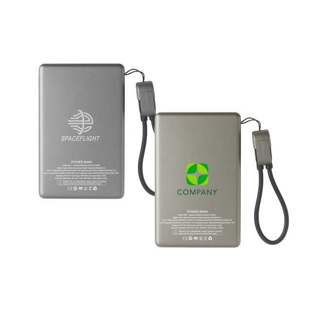 A 5000mAh aluminium power bank in silver with a logo, featuring a USB charging cable.