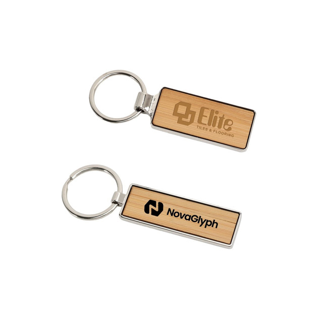 A rectangular wooden keyring featuring a metal keychain, showcasing natural wood grain and two different branded sides.