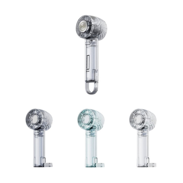 A transparent cooling fan featuring a sleek, rounded design in shades of grey and clear. It includes a hanging loop.