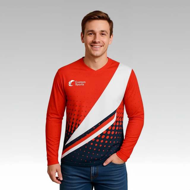 A red and navy blue V-neck long-sleeve football jersey with a modern design and a logo.