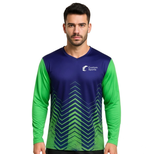 A long-sleeve V-neck shirt featuring a gradient design in navy blue and green, with a logo on the chest.