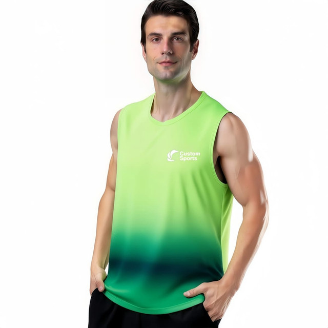 A sleeveless crew neck singlet featuring a gradient design in green shades, made from 100% polyester micro mesh. It has a logo.