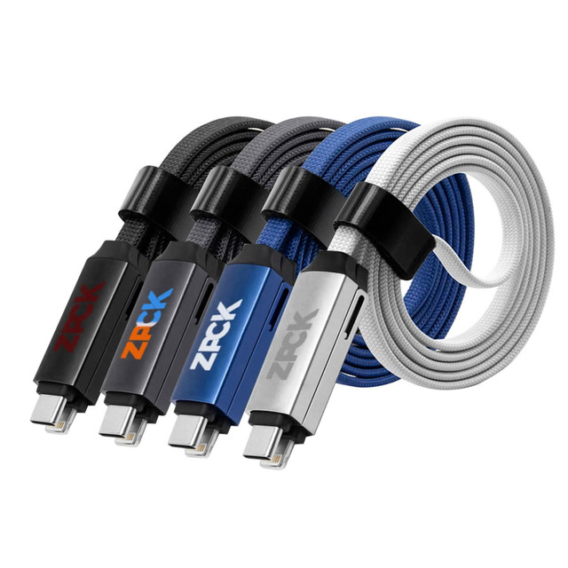 A set of four charging cables in grey, blue, black, and white, featuring a logo on the connectors.
