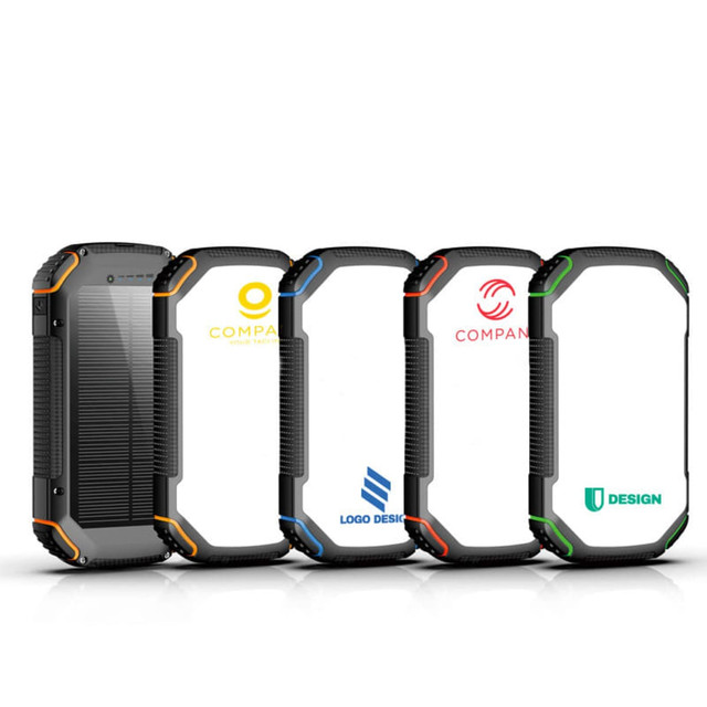 A collection of four rugged, black solar wireless power banks with various logo placements and colourful accents.