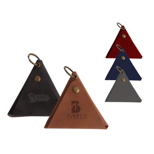 A triangular coin holder in black, brown, grey, navy, and red, featuring a logo and a keyring attachment.