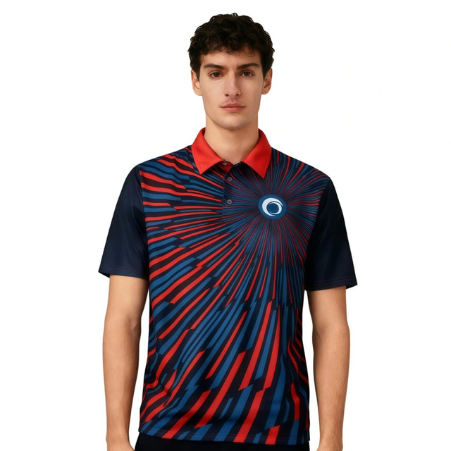 A blue and red polo shirt featuring a spiral pattern and a logo on the chest.