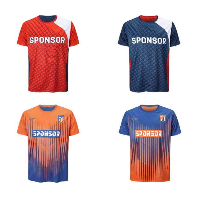 Four reversible jerseys in red, blue, and orange featuring a logo. Each shirt has distinct patterns and designs.