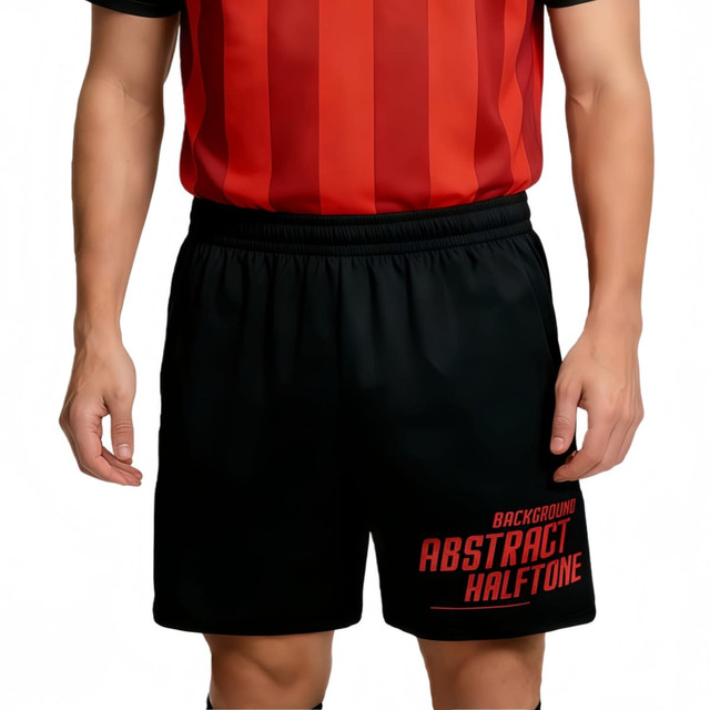 Unisex adults' running shorts in black with a red logo and an elastic waistband, paired with a red and black striped top.