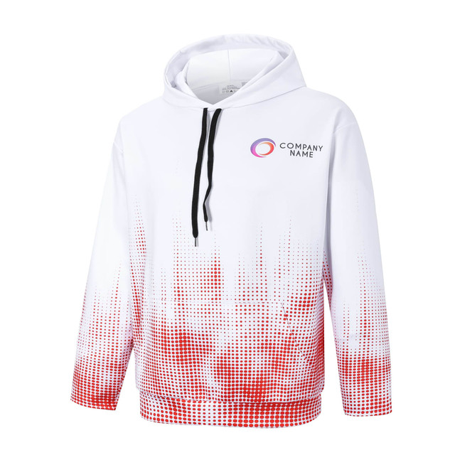 A white hoodie featuring a gradient design with red dots and a logo on the chest, made from polyester and spandex.