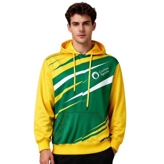 A unisex hoodie featuring a yellow and green design, with a pocket and a logo on the front.