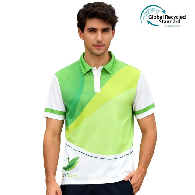 A green and white unisex polo shirt featuring a logo and design elements, made from recycled materials.
