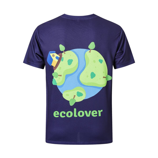 A navy unisex V-collar tee shirt featuring a graphic of the Earth with trees and the word "ecolover".