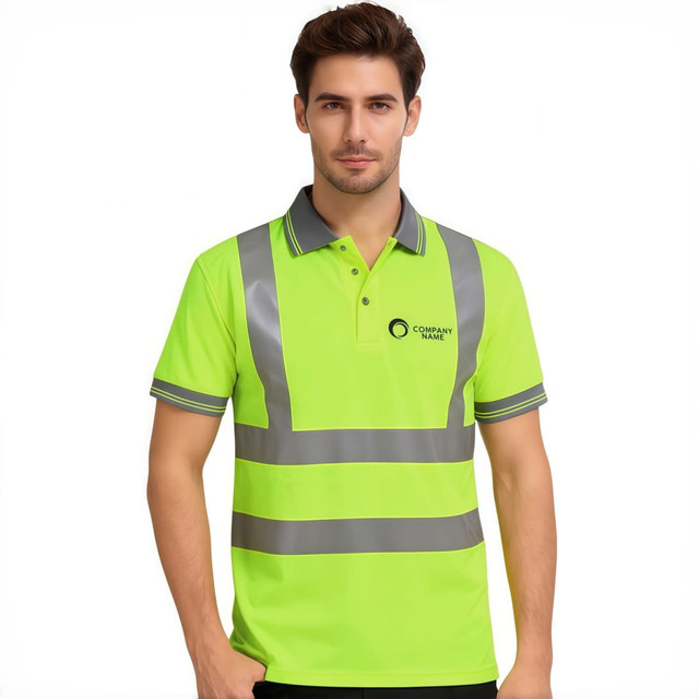 A hi-vis reflective polo shirt in bright lime green with grey accents and a logo on the chest.
