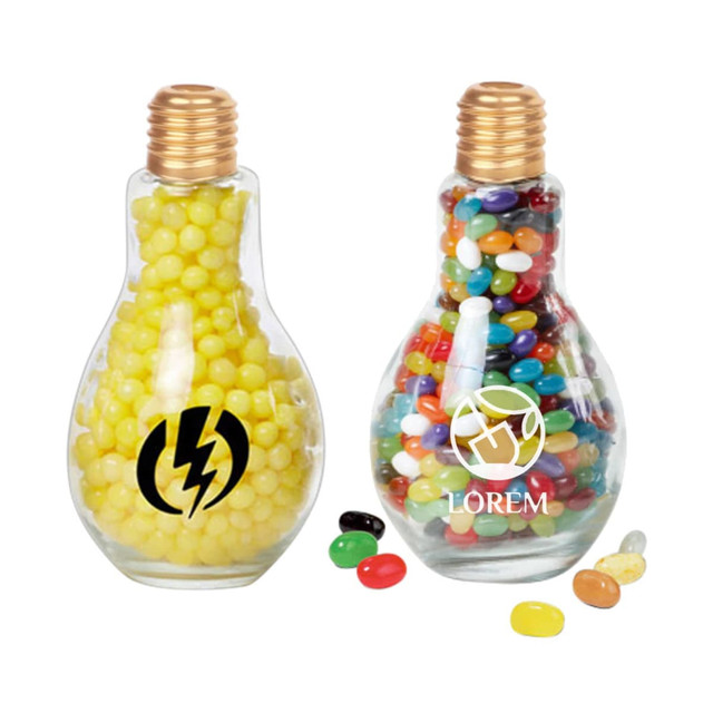 A drink bottle shaped like a bulb, featuring a gold lid and filled with colourful jelly beans. It has logos on the front.