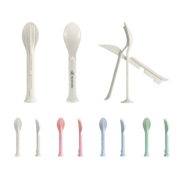 A set of portable utensils including spoons, forks, and knives in various pastel colours. The set is compact and features a logo.