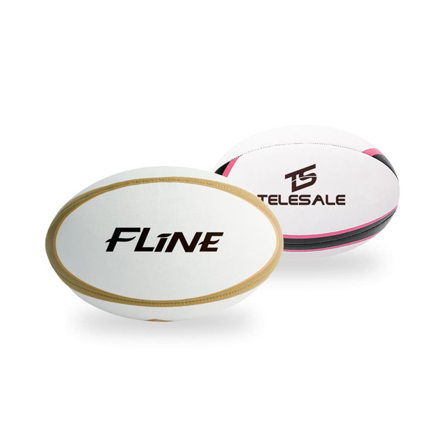 Two training rugby balls, one white with gold and one white with pink and black accents, both featuring logos.