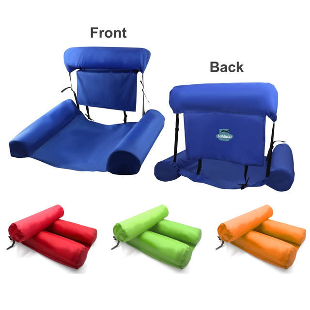 Inflatable floating chair in blue, with red, green, and orange versions displayed below. Features front and back views.