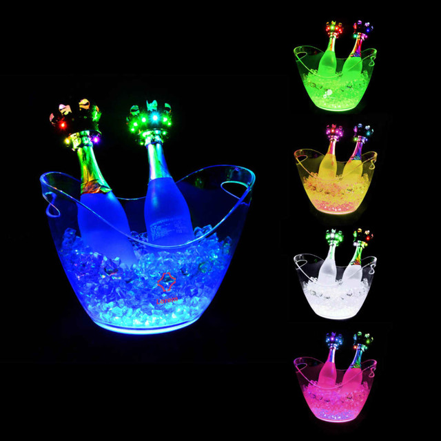 A transparent LED ice bucket in various colours, holding two bottles surrounded by ice. It has a logo visible.