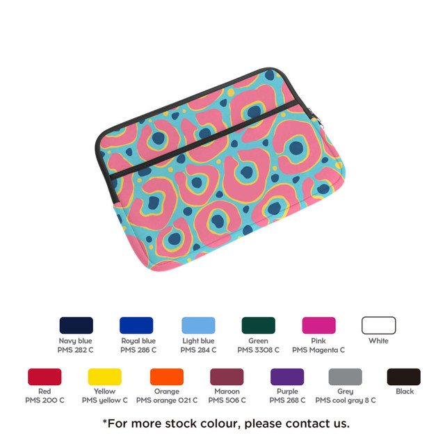A brightly coloured laptop bag featuring a vibrant abstract pattern in pink, blue, and green, with a zippered closure.