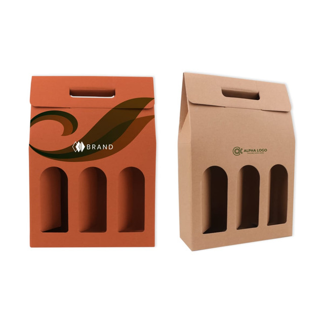 A portable wine box featuring three circular cutouts, in orange and brown cardboard, with branding on both sides.