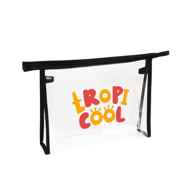 A clear PVC cosmetic bag with a black trim and a colourful "TROPI COOL" design. It features a zip closure.