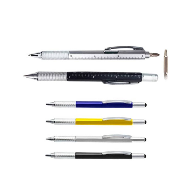 A selection of multi-function metal pens in silver, black, blue, yellow, and grey, featuring varying designs and a logo.